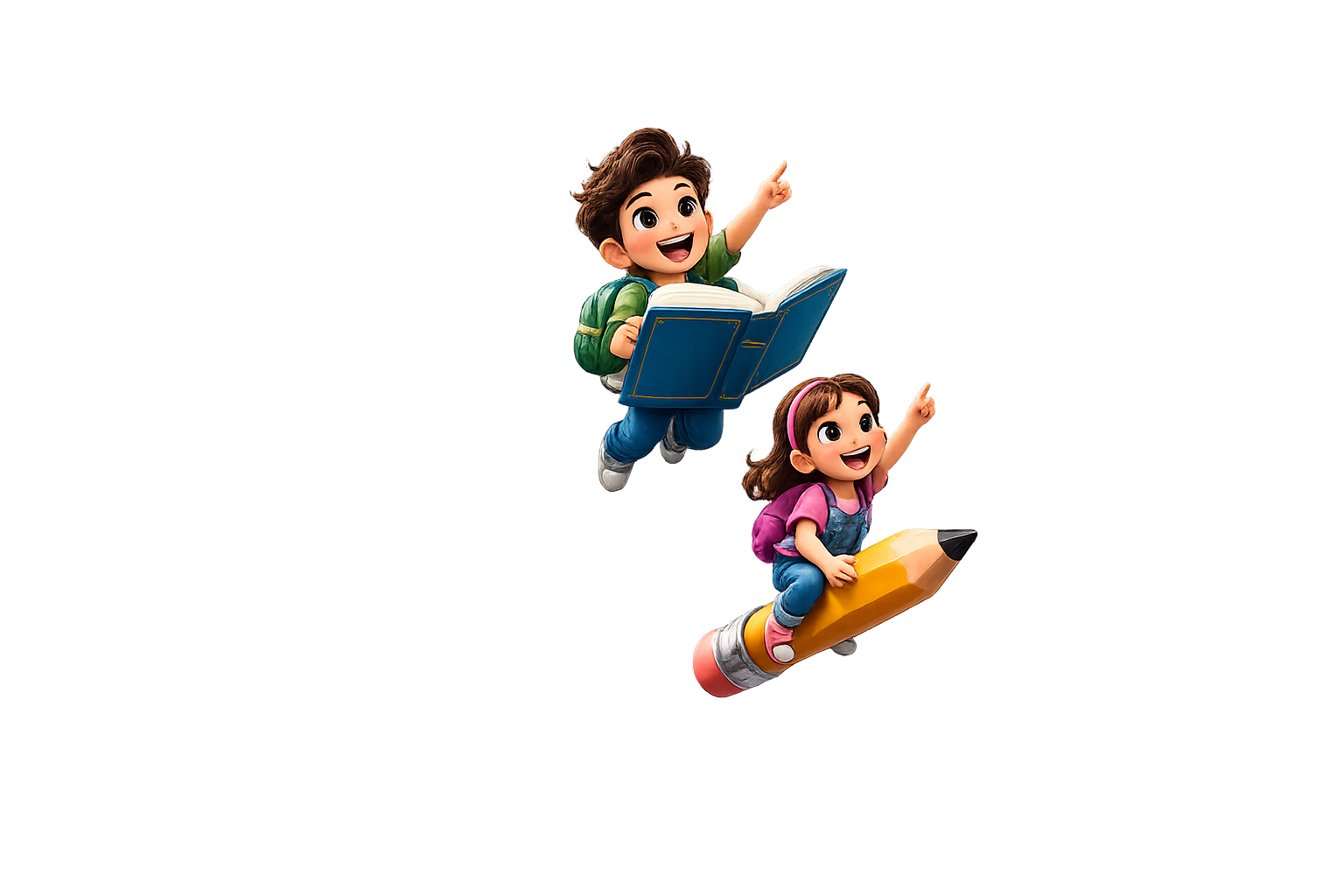 Children flying with a book and a giant pencil